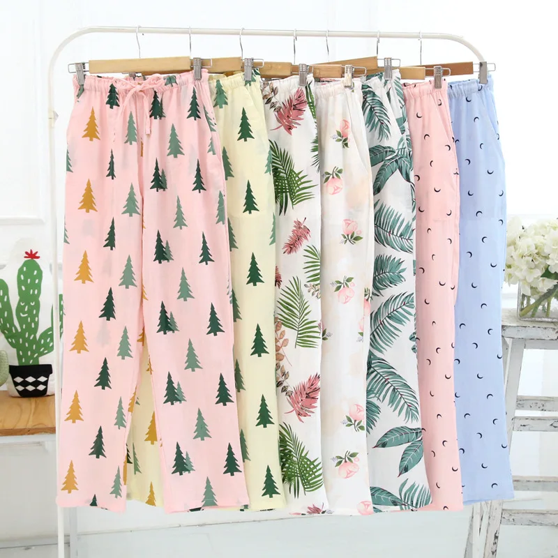 Comprar Pantalones de gasa de primavera para el hogar pantalones delgados para mujeres ropa de salón pantalones de ocio de algodón suelto ropa de dormir para mujeres pantalones de pijama