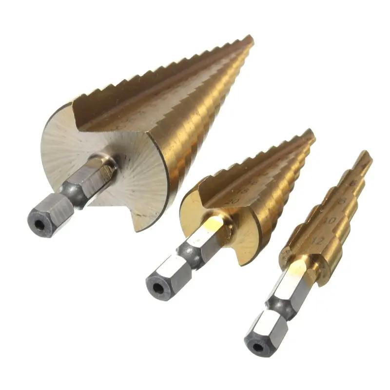 Hot 3pcs 4 12 / 20 / 32mm large HSS steel step cone bit titanium