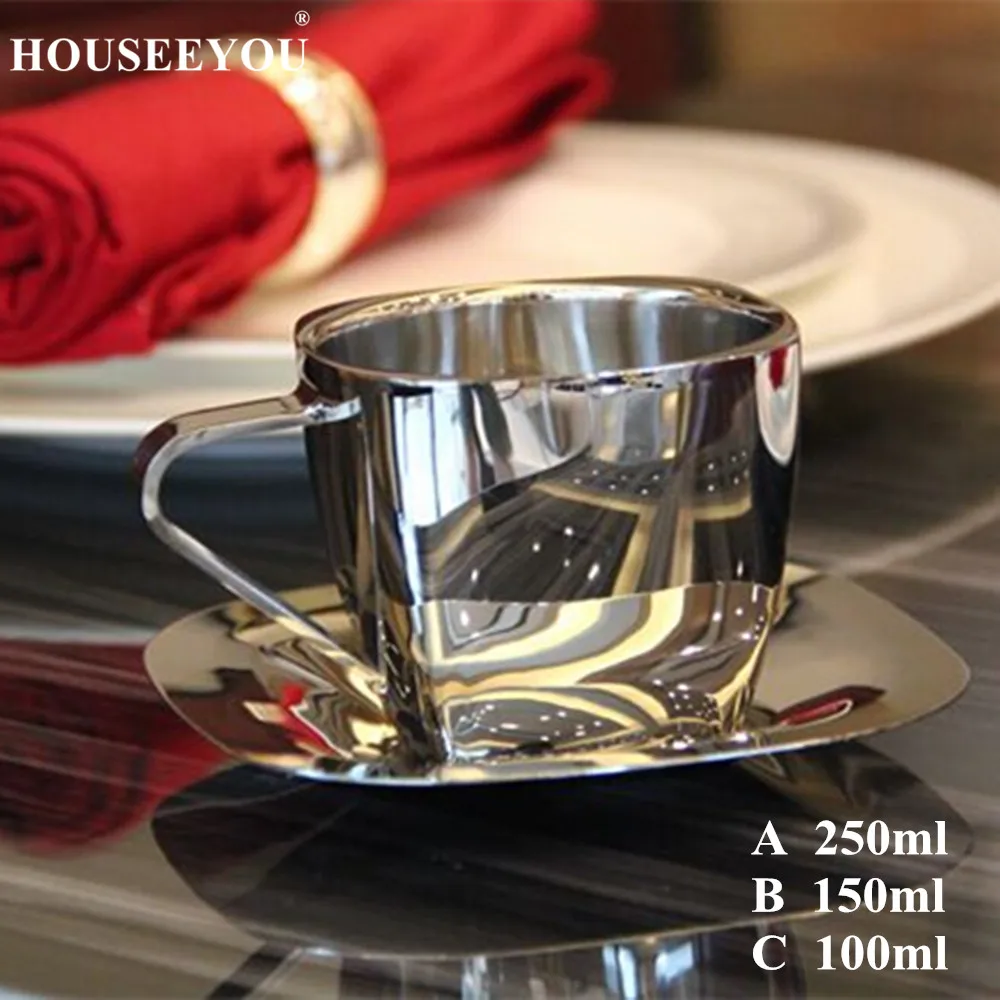 

304 Stainless Steel 100ml/150ml/240ml Coffee Set with Saucers Double Wall Mugs Tea Cup for Travel And Camping Home Office