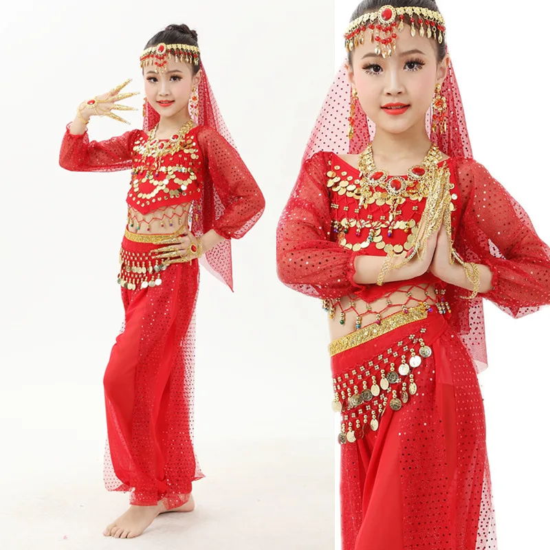 

6PCS/SET Belly Dance Costumes Kids Belly Dance Costumes Bollywood Dance Girls Dance S-XL Long Sleeves Indian Dress for Children