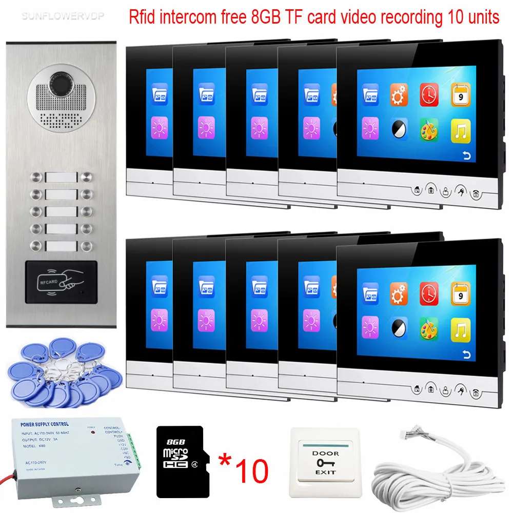 

Intercom 10 Buttons Rfid Camera Home Video Door Phone+8GB TF Memory Card Vieo Recording Touch Key 7" Color 10 Indoor Monitors