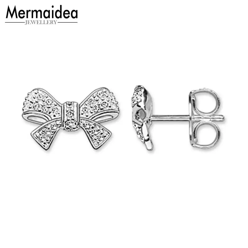 

White Bowknot Stud Earrings 2019 New Zirconia Fashion Jewelry 925 Sterling Silver Trendy Gift For Women Lover