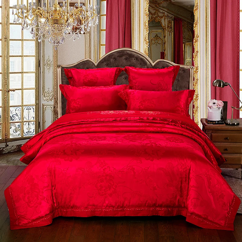 

2018 Flowers Red Bedding Set Silk Cotton Blend Duvet Cover Set Jacquard 4pc Queen King Bedlinens Sheet Pillowcases