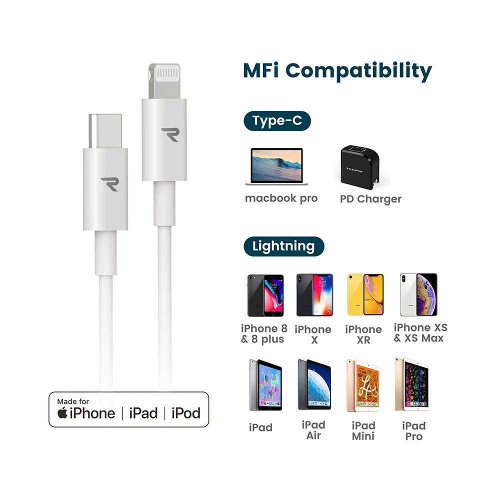 RAMPOW MFi 18 Вт usb type C к Lightning Кабель PD Быстрая зарядка USB для iPhone X зарядный кабель