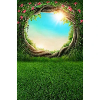 

Forest Jungle Party Backdrop Photography Arched Tree Entrance Blue Sky Sunshine Spring Scenic Photo Background Green Grass Floor