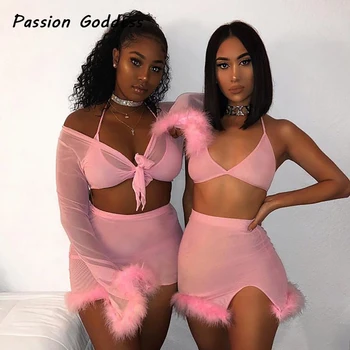 

2 Piece Women's Sexy Party Skirts Sets Cute Fur Pink Outfits Halter Bandage Caims Cropped Tops Package Hip Split Skirt Club Wear