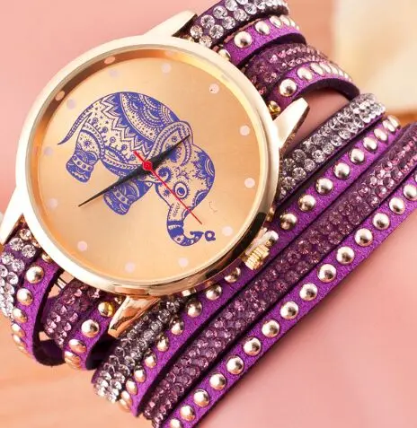 Модные женский кожаный браслет часы для женщин слон циферблат кварцевые часы женские наручные Relojes Mujer relogio feminino - Цвет: Фиолетовый