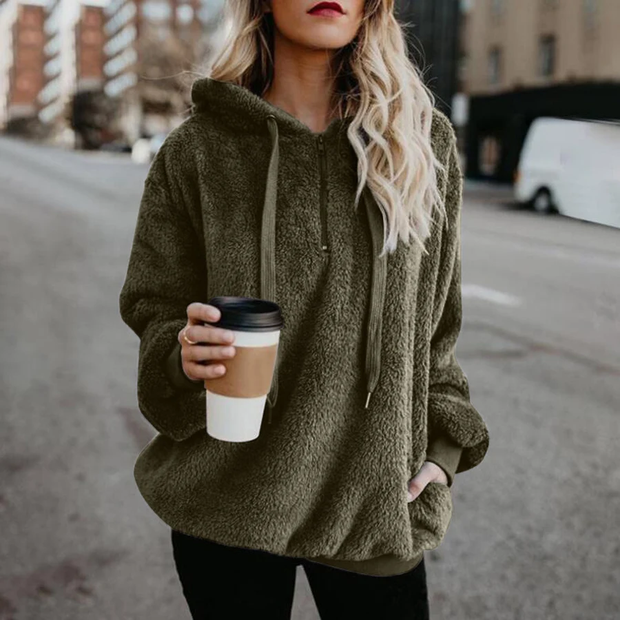 Winter Warm Casual Double Fuzzy 1/4 Zip Sweatshirt Faux Fleece Pocket Long Sleeve Oversize Sherpa Pullover Hoodies Coat Outwear