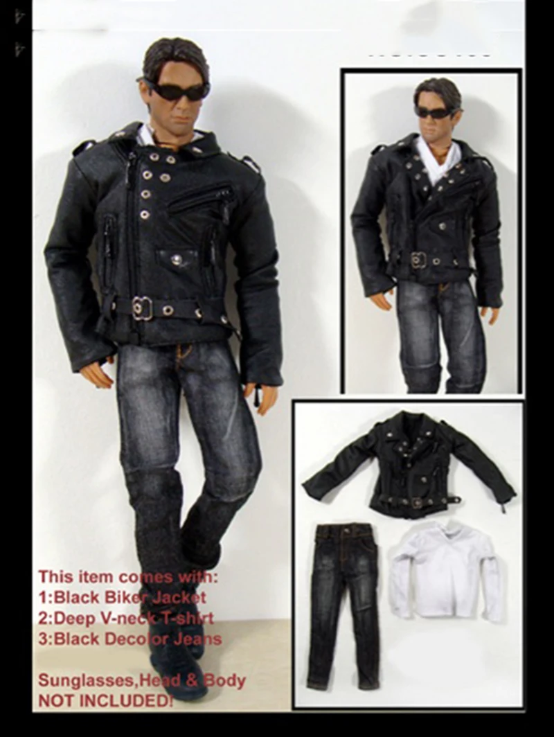 

1/6 Scale Male Black Biker Jacket Coat White T Shirt Jeans Set for 12'' Bodies
