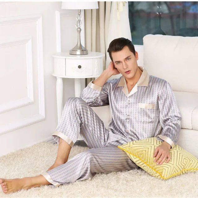 Горячая Распродажа, высокое качество, Мужская шелковая атласная пижама, набор, роскошная пижама с длинным рукавом, пижама с принтом, Домашняя мужская одежда - Цвет: Бежевый