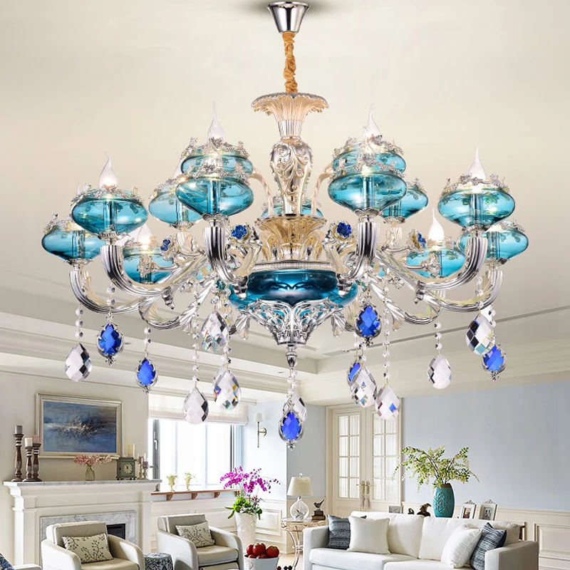 

Europe Zinc Alloy Silver Crystal Chandelier Living Room Bedroom Hotel Hall Crystal Lamp Villa High-grade Blue Crystal Chandelier