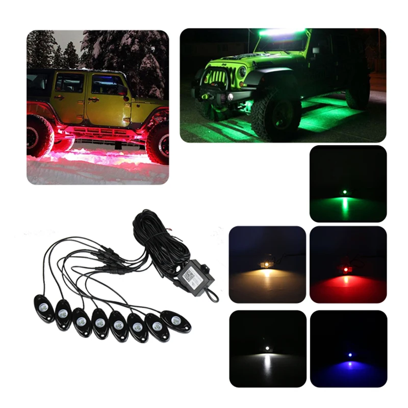 

8Pcs in One RGB LED Rock Lights with Bluetooth Control Box Wiring Harness & Switch Decoration Atmosphere Light