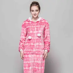 Осень Зима Розовый со снежинками Домашняя одежда пижамы теплые длинные рукава с капюшоном Пижама femme хлопок полиэстер взрослых пижамы для