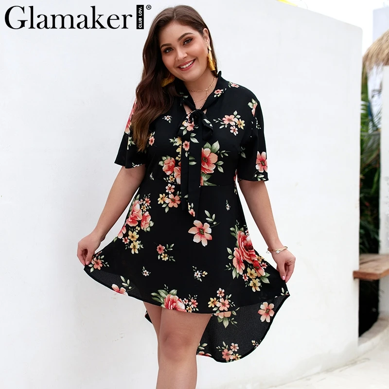 

Glamaker Black bow floral print dresses for Women sexy bodycon larger size short beach dress Female elegant summer holiday dress