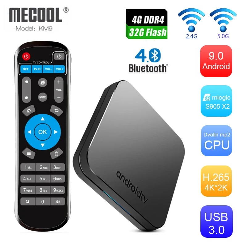 

MECOOL TV Box Android 9.0 4G RAM DDR4 32G ROM Amlogic S905X2 Quad Core 4K BT Smart TV Box USB 3.0 Spain Poland Media Player KM9