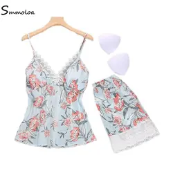 Smmoloa комплект из двух предметов для женщин шелковые пижамы Сексуальная Грудь Pad ночное белье 2019 лето