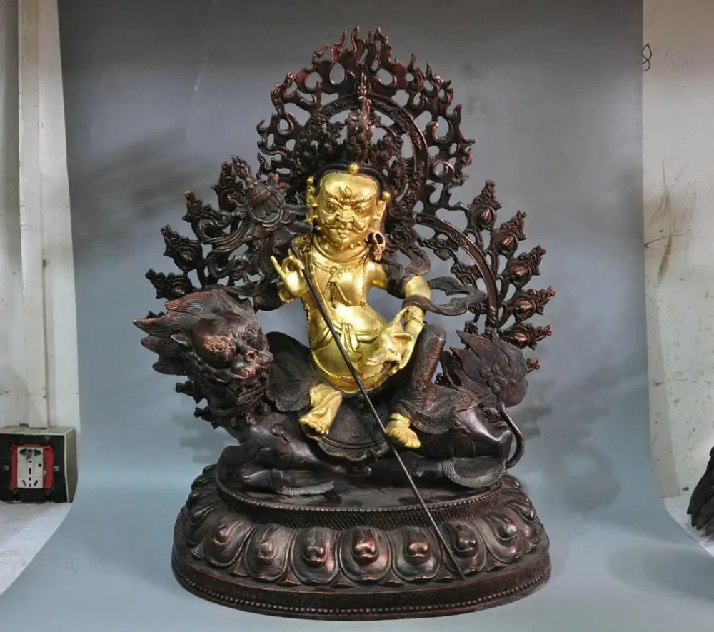 

20" China Tibet Umbrella Heavenly King Vaisravana Buddha Ride Lion Bronze Statue QQ @@ EW