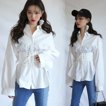 

2018 Korean White Soild Fashion Turn-down Back Cross Belt Shirt Women Thin Waist Tide Casual Single-breasted Blouse