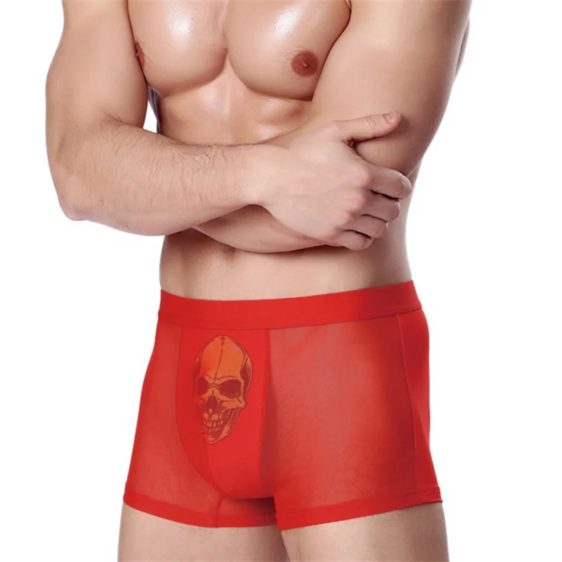 Chenke365 бренд мужское нижнее белье; трусы-боксеры Прозрачный 3D череп печати для мужчин s Боксер пикантные шелк льда шорты для женщин трусы комбинезон с трусиками гей - Цвет: Красный