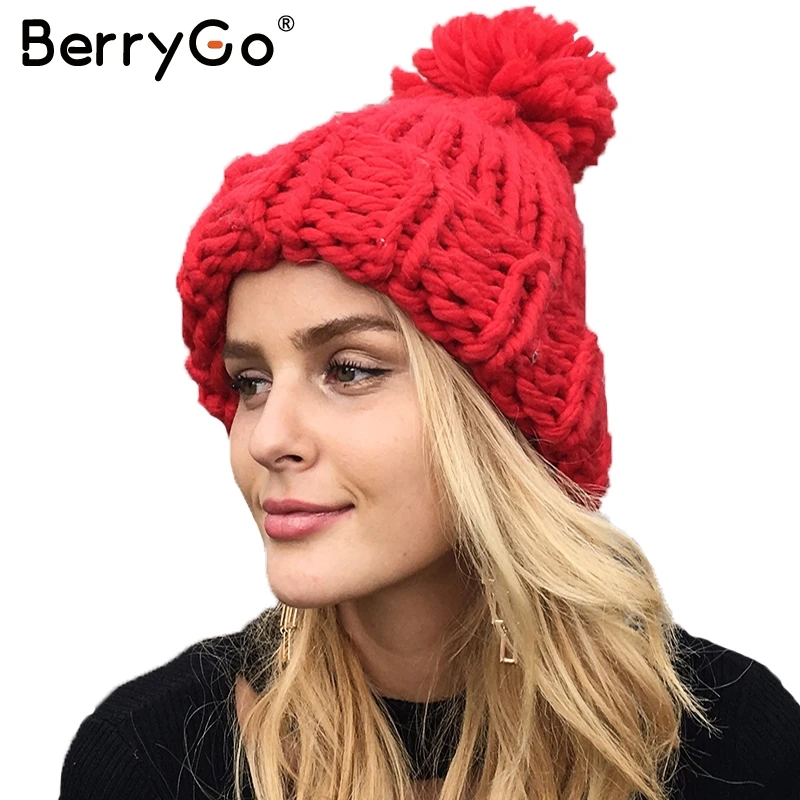 BerryGo Knitting wool ball skullies beanies Casual streetwear warm hat