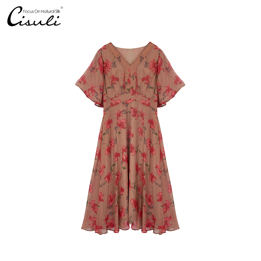 

100% Silk Woman Dress Fashion Party Dress Silk Vacation Style New Trend 2019Silk Geogette Fabric Summer Beach Ladies long Dress