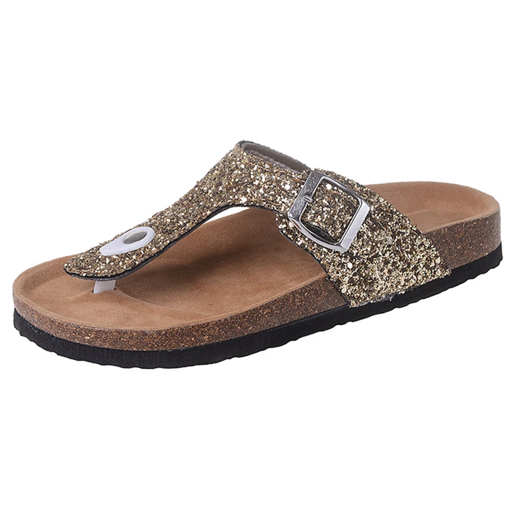 

2019 New Summer flip flops women Beach Cork Slippers Casual Sandals Sequins bling slides Double Buckle Clogs female Flip Flops