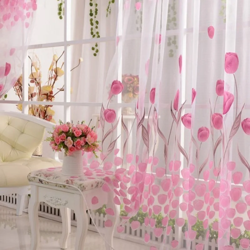 

New Style Fashion Tulip Flower Scarf Sheer Voile Door Window Curtain Drape Panel Valances Pink Dropshipping HR