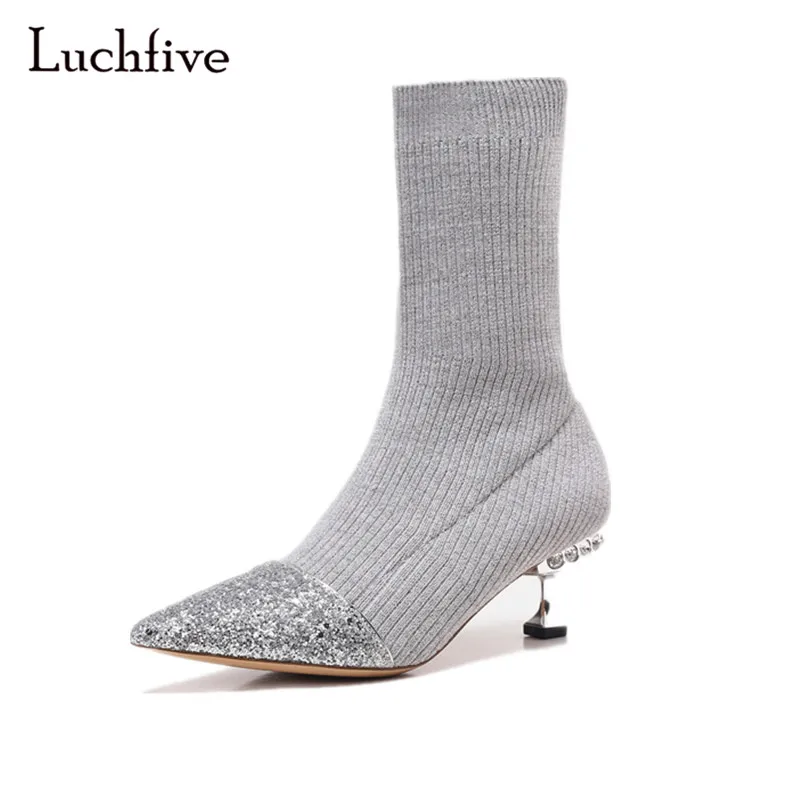 

Luchfive Sliver Jeweled heel Bling Bling Pointed Toe Patchwork knit Ankle Boots Women Kitten Heels Elastic Sock Boots for women