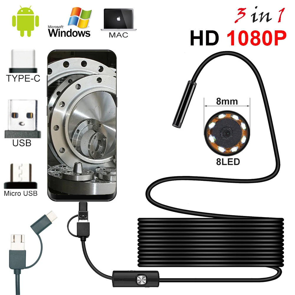 Водонепроницаемый эндоскоп 8 мм светодиодов Тип C 3 в 1 1080P м 2 5 USB Кабельный
