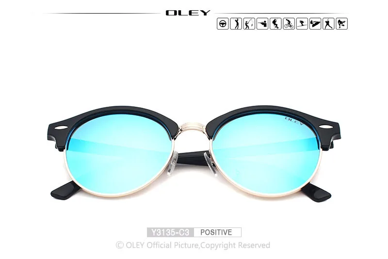 OLEY модные Круглые Солнцезащитные очки женские поляризованные солнцезащитные очки «кошачий глаз» винтажные мужские очки с голубым покрытием oculos de sol feminina Y3135 - Цвет линз: Y3135 C3 BOX