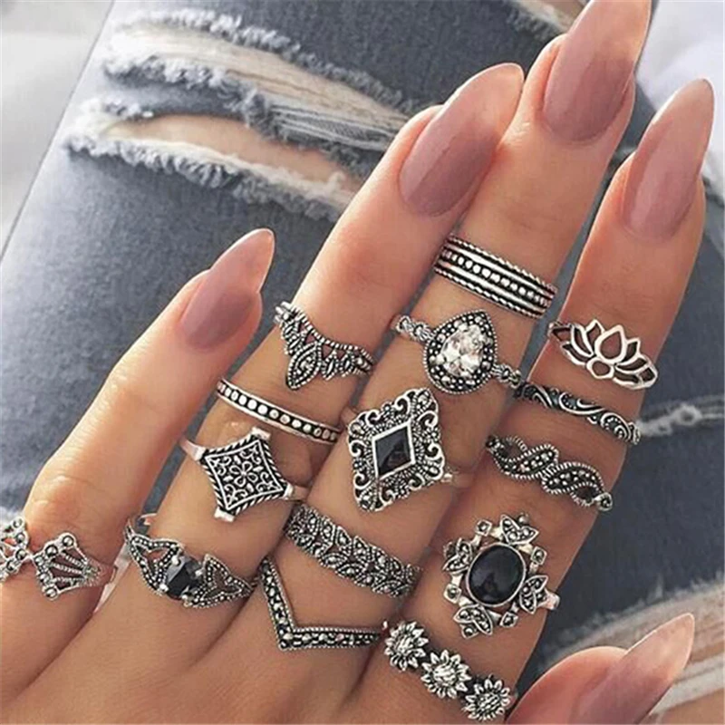 

15pcs Women Fashion Anel Aneis Bague Femme Stone Silver Midi Finger Rings Boho Jewelry Vintage Knuckle Ring Set