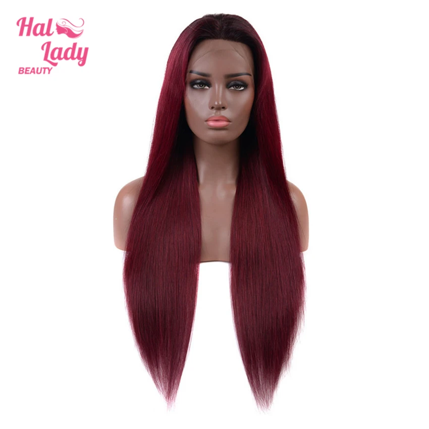 

13*4 Brazilian Burgundy Red Color Lace Front Wigs Non-Remy T1B/99J Ombre Color Straight Human Hair Wigs Preplucked Halo Lady