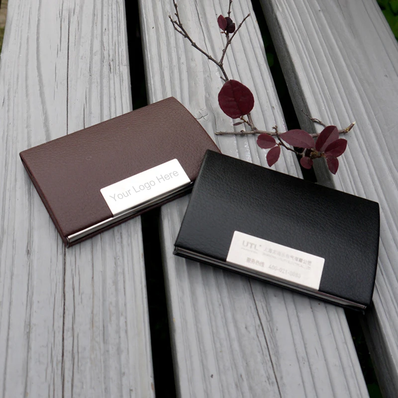 

Custom Logo Engraved Black / Brown Business Card Holder PU Leather Business Name Card Wallet ID Credit Card Pocket Holder 50pcs