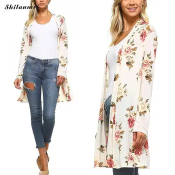 

Spring Autumn Long Cardigans Fashion Style Women Flower Print Coat Long Sleeve Female O Neck Big Size Cardigan XL White BLOUSE