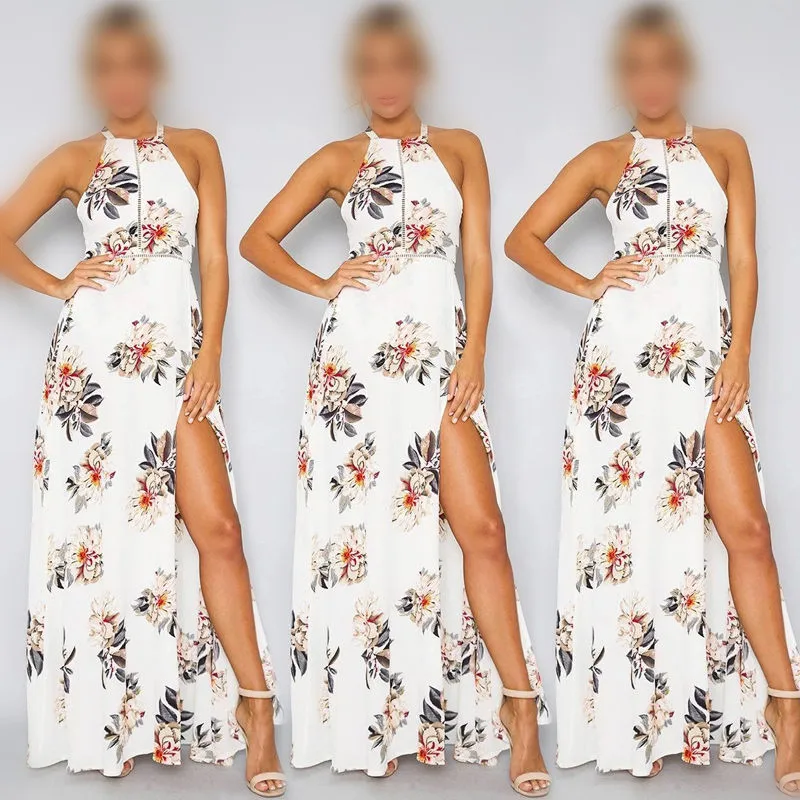 

Women Long Maxi Dresses Bohemia O-neck Sleeveless Floral Print Ethnic Summer Beach Female Split Stylish Style Dress