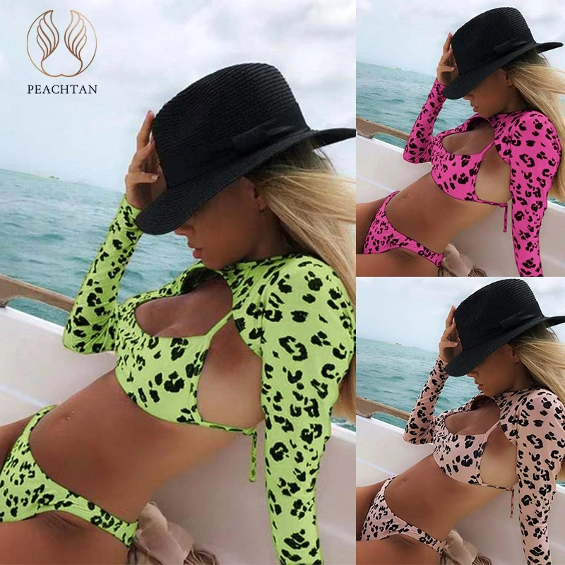 

Peachtan Long sleeve green bikini 2019 micro Bandeau 3 piece swimsuit women bathing suit biquini Summer neon leopard swimwear