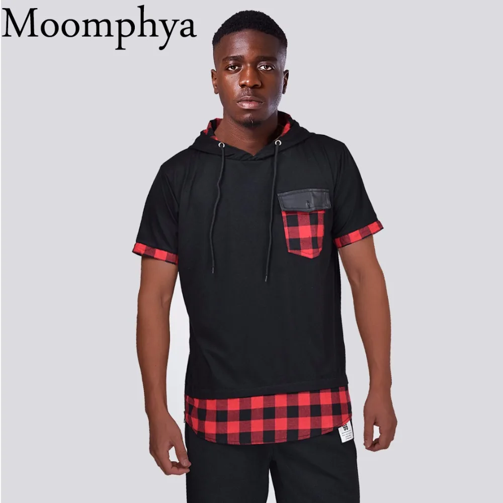Moomphya, Мужская футболка с капюшоном, клетчатая Лоскутная футболка с карманом, с боковой молнией, кривой подол, хип-хоп, уличная одежда, Забавные футболки, мужские футболки, homme