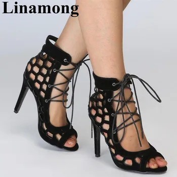 

2019 Summer Cross-tied Hollow Sexy Thin High Heel And Open Toe Black Flock Fashion Women Sandals