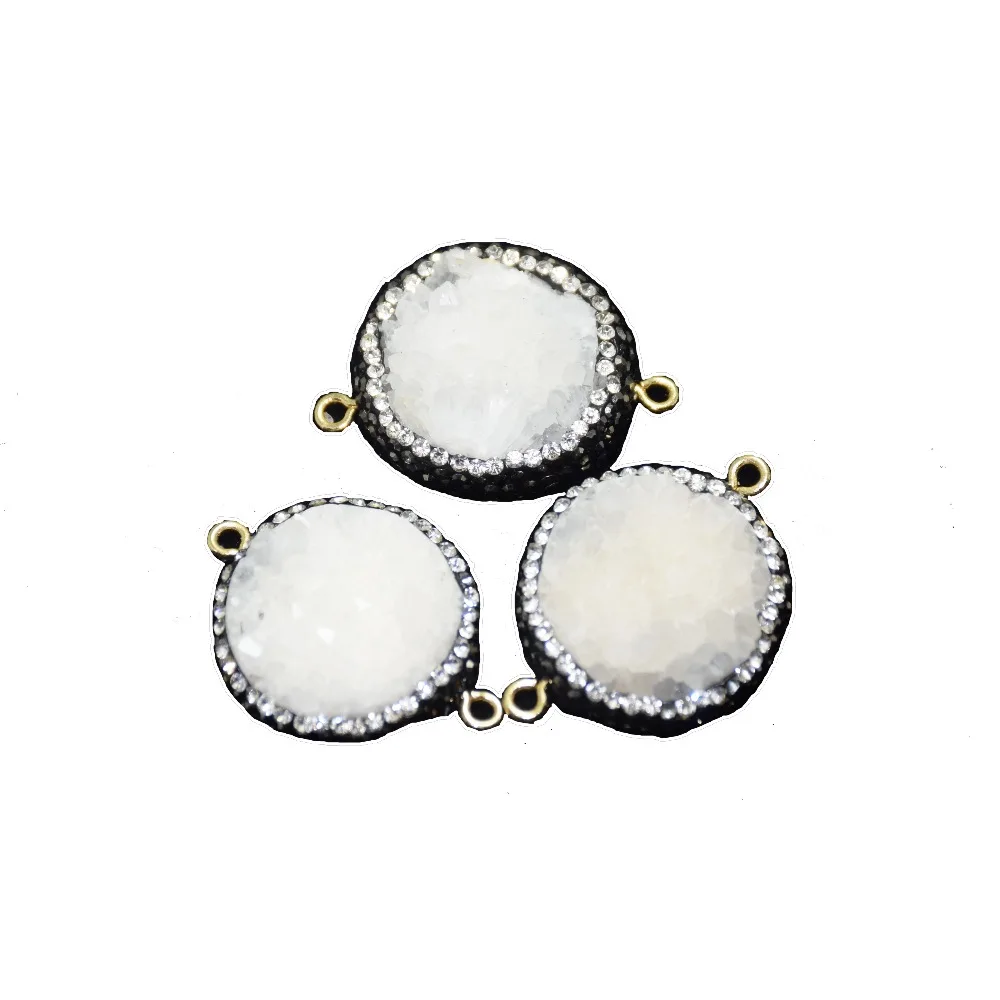 

Natural crystal jewelry stone druzy connector women's 2020 rhinestone paved 2 hoops white quartz pendant charms round chakras