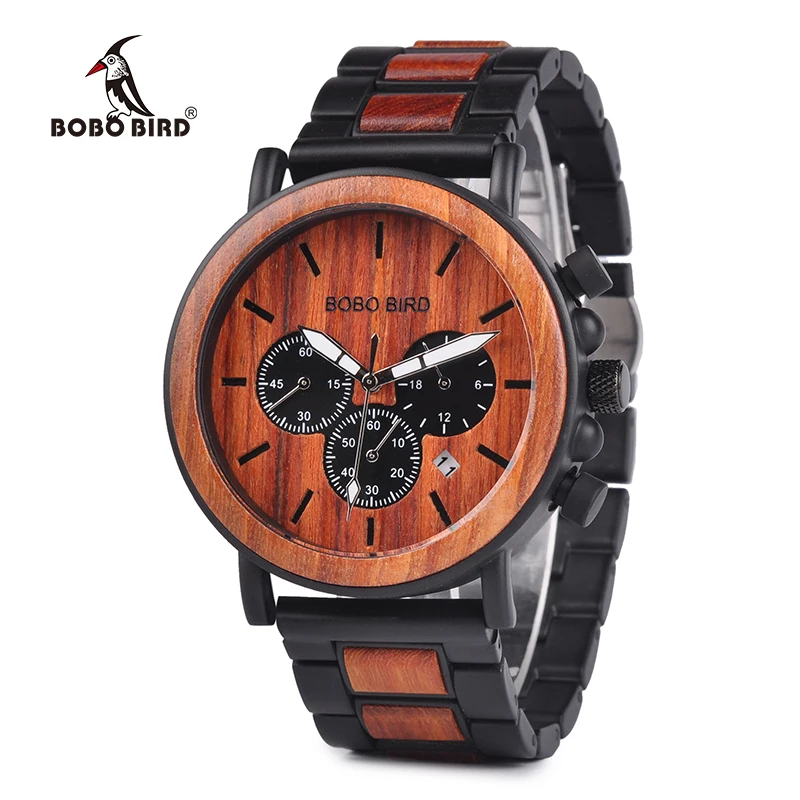 

BOBO BIRD Luxyry Watch Men Military Timepiece with Red Tan Dial Wood Metal Band Auto Date Chronograph Relogio Masculino