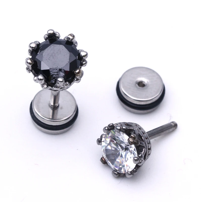 

2pcs Stainless Steel Earring Studs Mens Earrings with round Zirconia Royal Crown Stud Earrings Black Silver