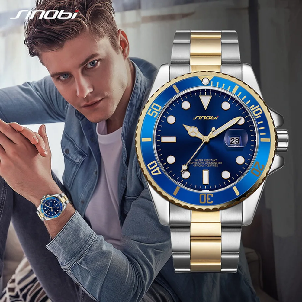 SINOBI Mens Water Resistant Date Steel Band Luxury Mans Sports Quartz Watch Golden Clock Relogio Masculino Montre 2019 Rolexable SINOBI Mens Water Resistant Date Steel Band Luxury Mans Sports Quartz Watch Golden Clock Relogio Masculino Montre 2019 Rolexable