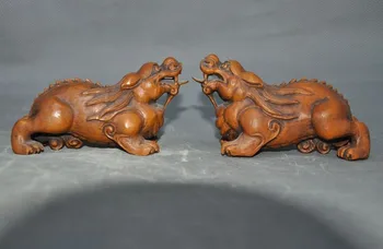 

Crafts statue old Chinese Boxwood wood Carved Exorcism FengShui Pi Xiu lion Beast Statue Pair halloween