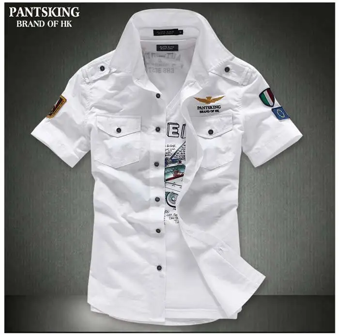 Модная повседневная мужская рубашка с длинными рукавами с вышивкой Air Force, хлопковые рубашки для мужчин, Азия,, RD464 - Цвет: White short sleeve