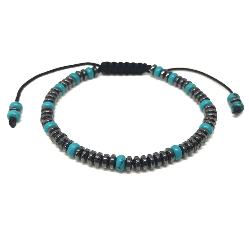 

Men Bracelet 4 mm Flat Blue Stone and Hematite Natural Stone String Macrame adjustable Bracelet For Men Jewelry Gift
