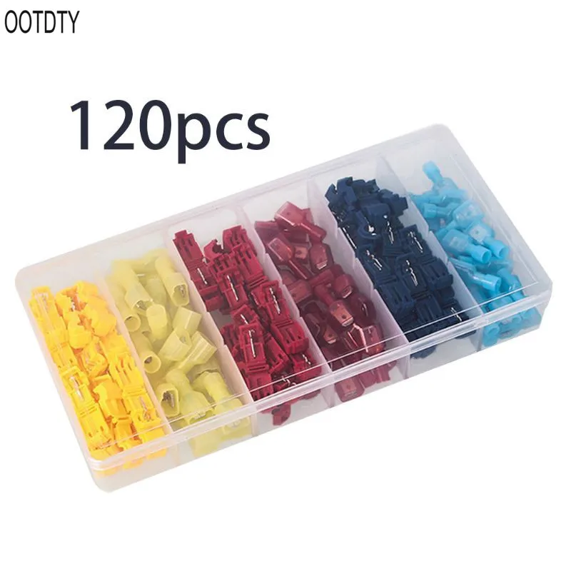 

OOTDTY 120Pcs Terminal Boxed Set 6 Types Electric Wire Connectoe Assorted Insulated Clamp Cold-Press T-Tap Wire Spade Kit