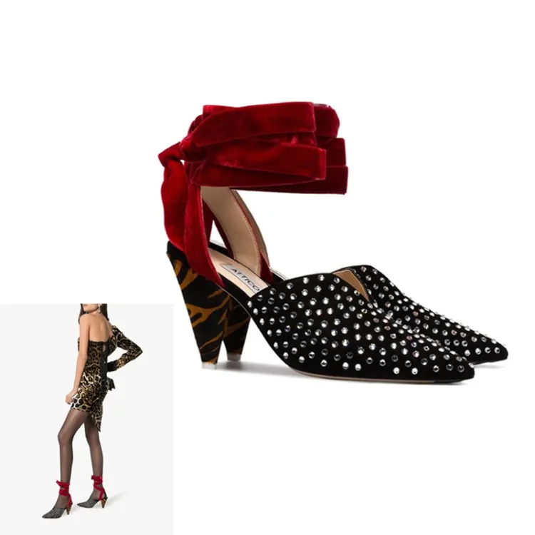 

19 spring and summer new fashion mix and match element ribbon metal studded high heels