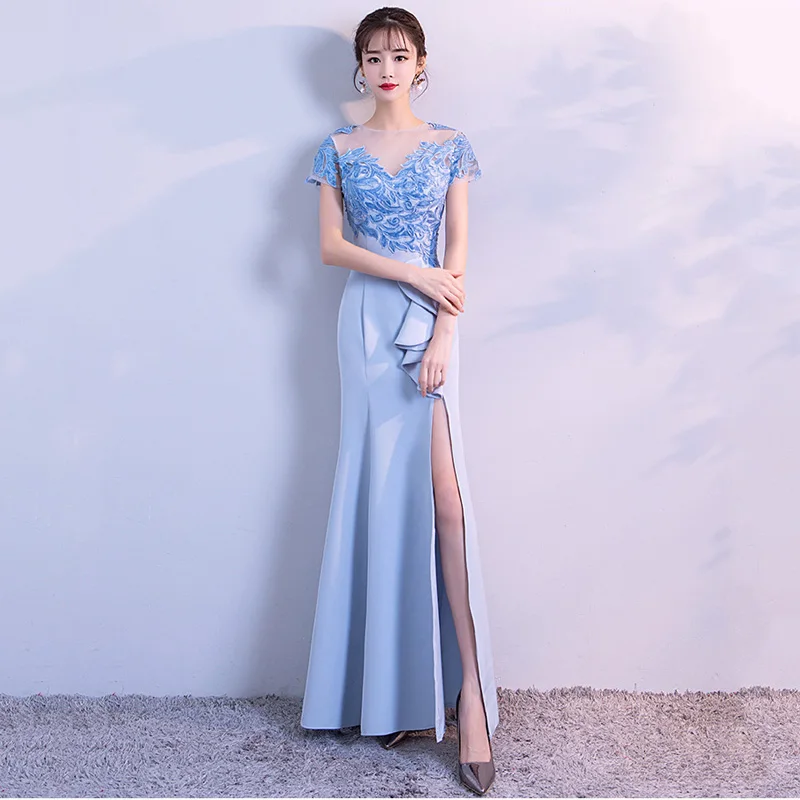 

Blue Embroidery Short Sleeve Backless Long Side Split Formal Elegant Sexy Dress Women For Wedding Party Night Club Dresses 2018