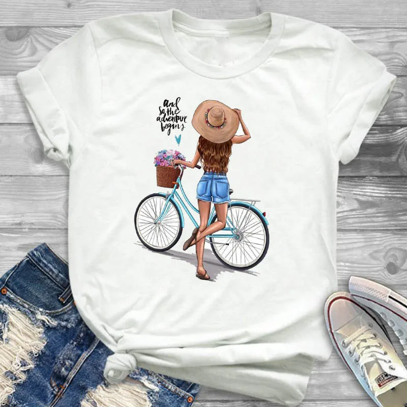 

2019 Women Shirt Flower Bike Adventure Ladies Womens Short Sleeve Summer Casual Female T T-shirt Graphic Printed Top Tshirt