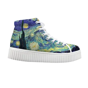 

Women Flats Platform Shoes For Ladies Lace-up Stylish High Top height increasing Shoes Painting Printing Vincent van Gogh